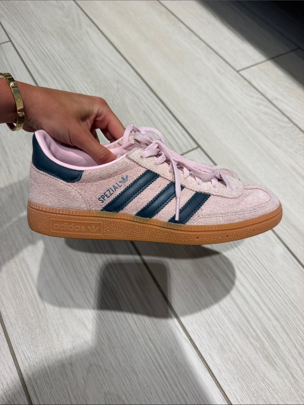 adidas Spezial Suede Sneaker in Light Pink with Navy Stripes